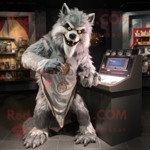 Silver Werewolf mascot costume character dressed with a V-Neck Tee and Wallets