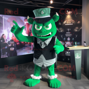 Forest Green Demon mascot costume character dressed with a V-Neck Tee and Berets