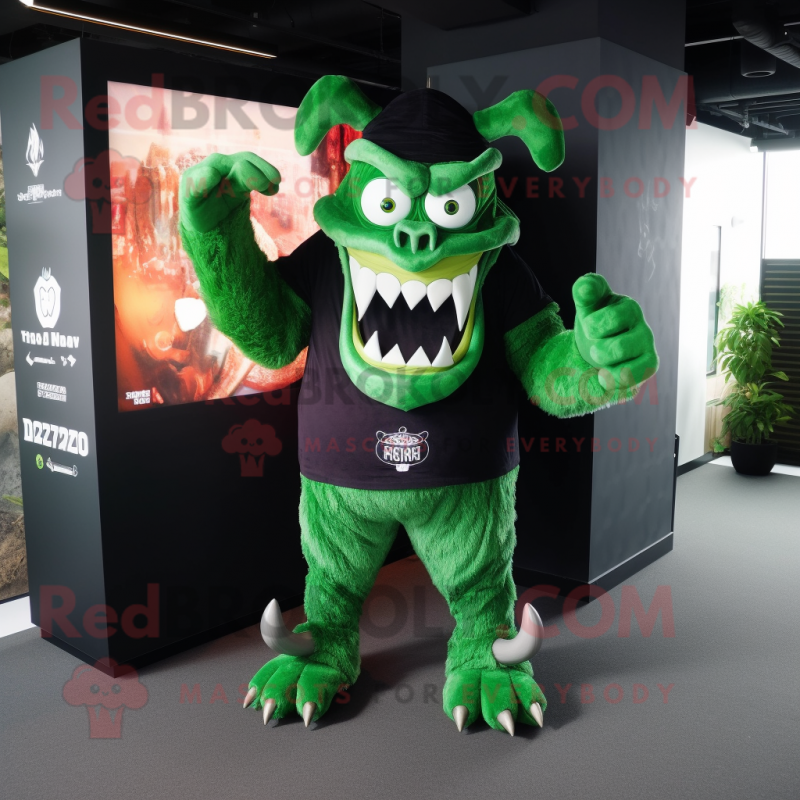 Forest Green Demon mascot costume character dressed with a V-Neck Tee and Berets