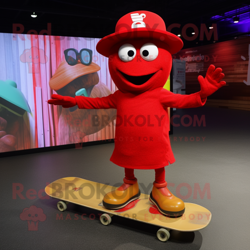 Red Skateboard mascot costume character dressed with a Dress and Hat pins