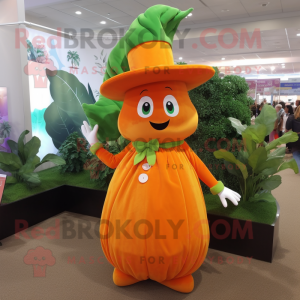 Orange Beanstalk mascot costume character dressed with a A-Line Skirt and Hat pins