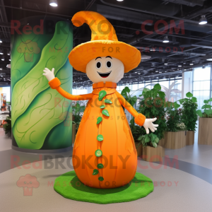Orange Beanstalk mascot costume character dressed with a A-Line Skirt and Hat pins