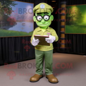 Lime Green American Soldier mascot costume character dressed with a Henley Tee and Reading glasses