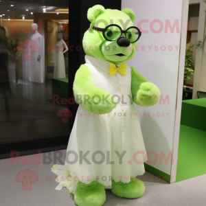 Lime Green Bear mascot costume character dressed with a Wedding Dress and Eyeglasses