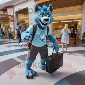 Cyan Werewolf mascot costume character dressed with a Denim Shorts and Handbags