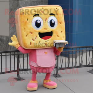 Pink Grilled Cheese Sandwich mascot costume character dressed with a Jeans and Hair clips