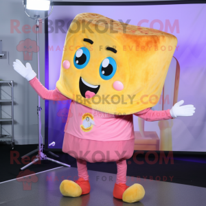 Pink Grilled Cheese Sandwich mascot costume character dressed with a Jeans and Hair clips