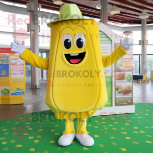 Lemon Yellow Lasagna mascot costume character dressed with a Jumpsuit and Caps