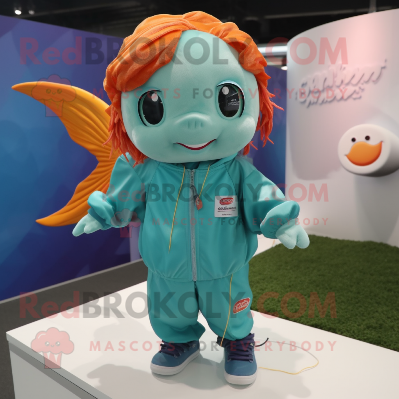 Teal Goldfish mascot costume character dressed with a Windbreaker and ...