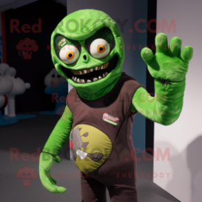 Green Undead mascot costume character dressed with a Rash Guard and Mittens