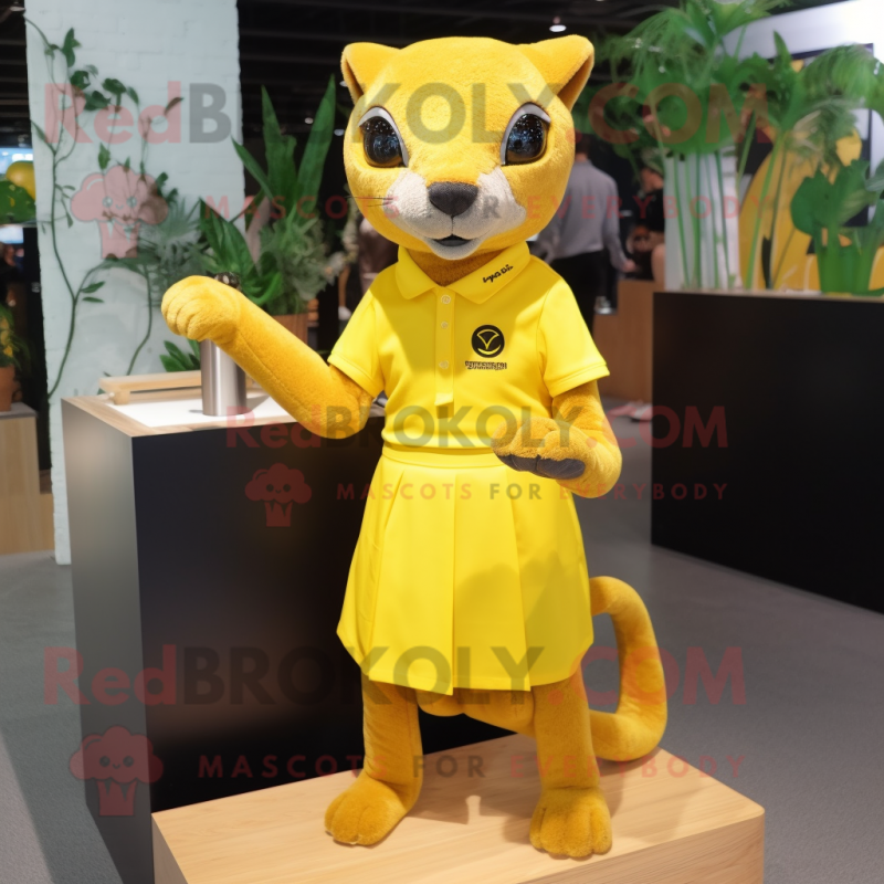 Lemon Yellow Jaguarundi mascot costume character dressed with a Mini Skirt and Cufflinks