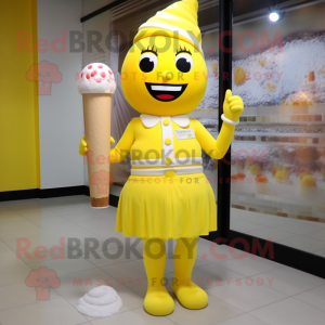 Lemon Yellow Ice Cream mascot costume character dressed with a Pencil Skirt and Bracelets