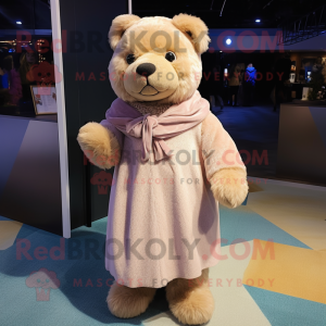 Tan Teddy Bear mascot costume character dressed with a Cocktail Dress and Scarves