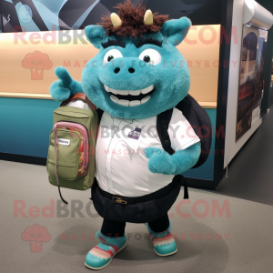 Teal Pulled Pork Sandwich mascot costume character dressed with a Button-Up Shirt and Backpacks