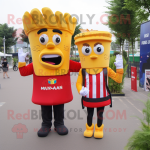 nan French Fries mascot costume character dressed with a Playsuit and Messenger bags