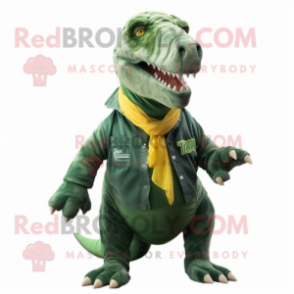 Forest Green T Rex mascot costume character dressed with a Jeans and Hair clips