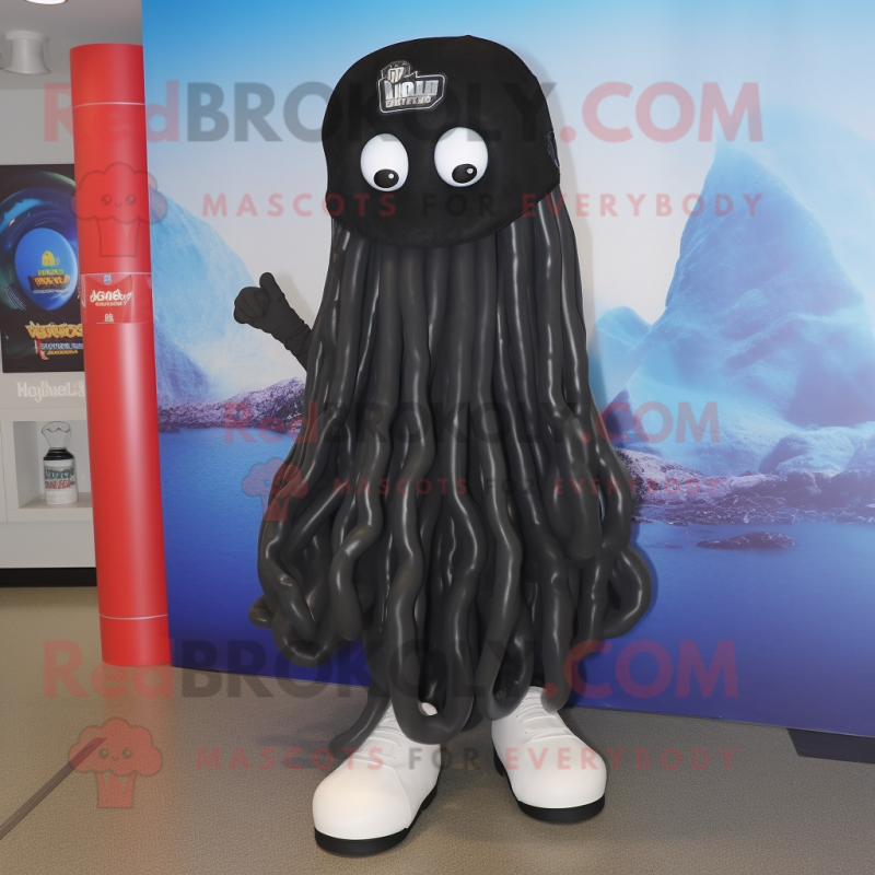 Black Jellyfish mascot costume character dressed with a V-Neck Tee and Shoe laces