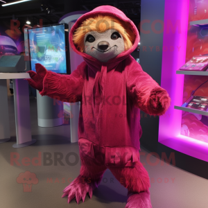 Magenta Sloth mascot costume character dressed with a Vest and Shawl pins