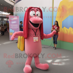 Pink Hot Dogs mascot costume character dressed with a Dress Pants and Messenger bags