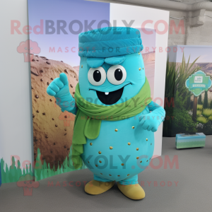 Cyan Burgers mascot costume character dressed with a Vest and Shawl pins