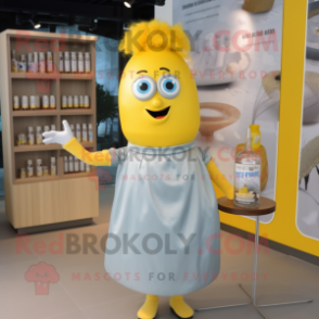 Gray Bottle Of Mustard mascot costume character dressed with a Blouse and Hairpins