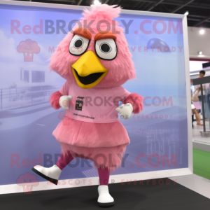 Pink Fried Chicken mascot costume character dressed with a Running Shorts and Shoe clips