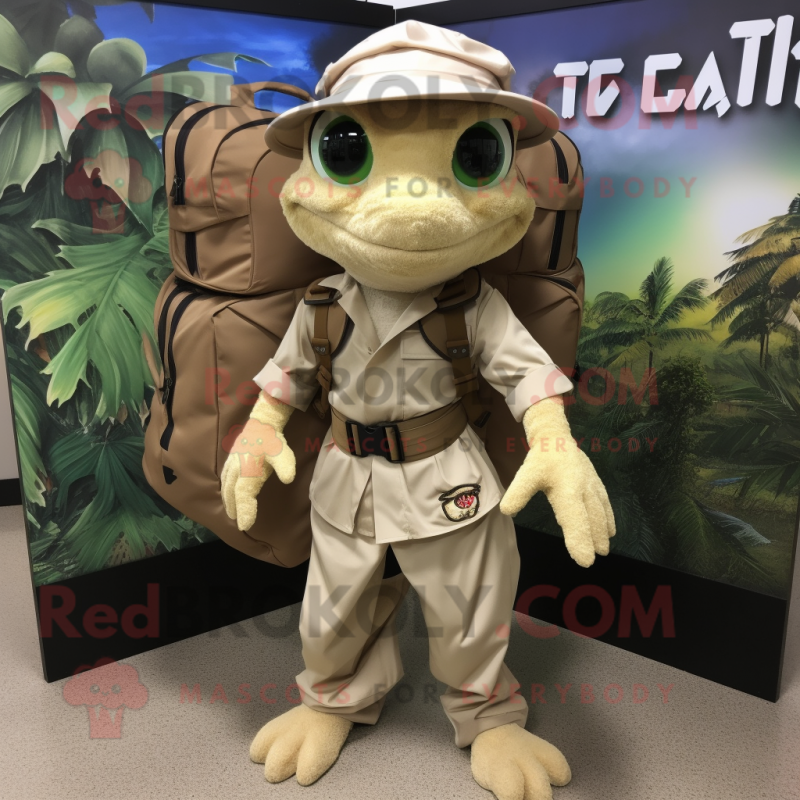 Tan Geckos mascot costume character dressed with a Cargo Pants and Backpacks