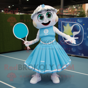 Teal Tennis Racket mascot costume character dressed with a Circle Skirt and Gloves