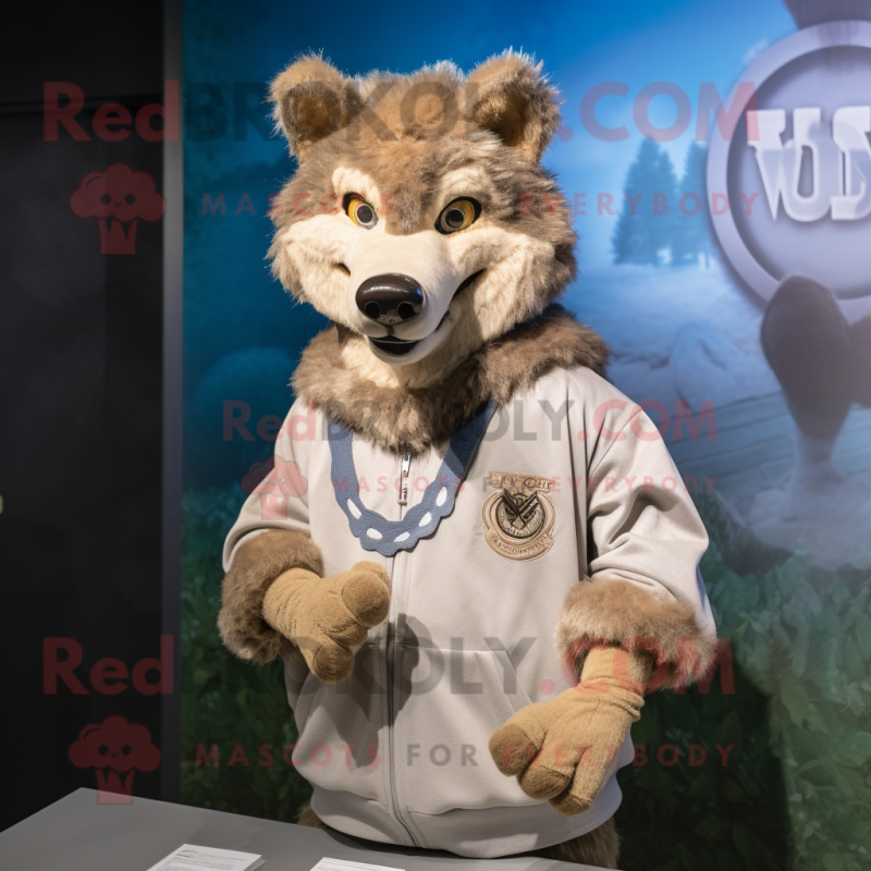 Tan Say Wolf mascot costume character dressed with a Sweatshirt and Bracelet watches