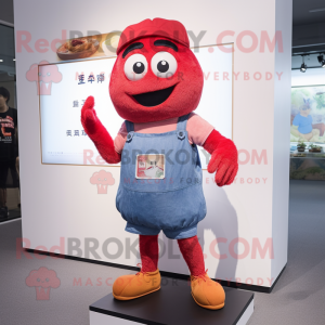 Red Fried Rice mascot costume character dressed with a Denim Shorts and Gloves