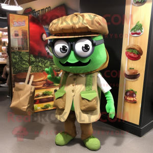 Olive Pulled Pork Sandwich mascot costume character dressed with a Jumpsuit and Messenger bags