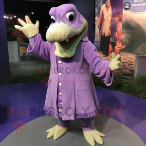 Lavender Crocodile mascot costume character dressed with a Coat and Foot pads