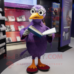 Purple Gull mascot costume character dressed with a Jeggings and Reading glasses