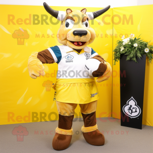 Yellow Beef Stroganoff mascot costume character dressed with a Rugby Shirt and Pocket squares