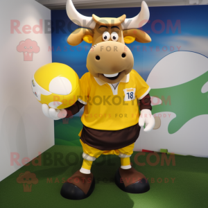 Yellow Beef Stroganoff mascot costume character dressed with a Rugby Shirt and Pocket squares