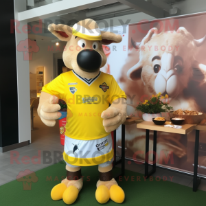 Yellow Beef Stroganoff mascot costume character dressed with a Rugby Shirt and Pocket squares