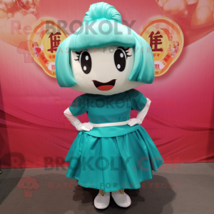 Teal Dim Sum mascot costume character dressed with a Mini Skirt and Cummerbunds