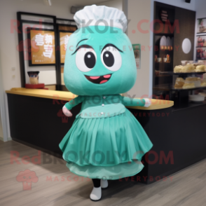 Teal Dim Sum mascot costume character dressed with a Mini Skirt and Cummerbunds