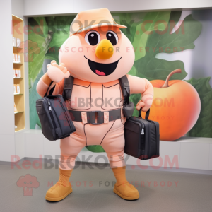 Peach Commando mascot costume character dressed with a Vest and Handbags