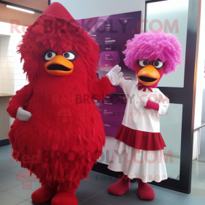 Magenta Fried Chicken mascot costume character dressed with a Dress and Beanies
