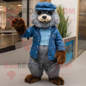 Blue Marmot mascot costume character dressed with a Denim Shirt and Gloves