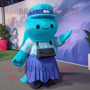 Cyan Humpback Whale mascot costume character dressed with a Maxi Skirt and Suspenders