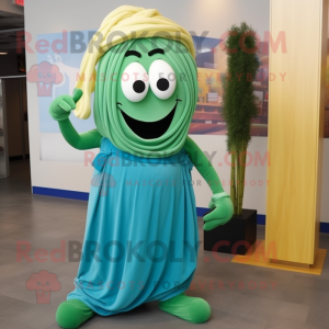 Cyan Pesto Pasta mascot costume character dressed with a Maxi Dress and Shoe laces