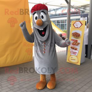 Gray Currywurst mascot costume character dressed with a Corduroy Pants and Earrings