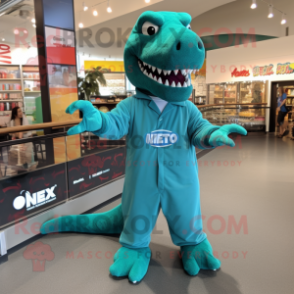 Teal T Rex mascot costume character dressed with a Jumpsuit and Shoe clips