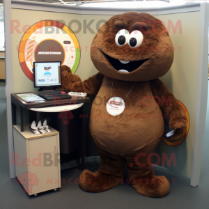 Brown Computer mascot costume character dressed with a Henley Tee and Coin purses