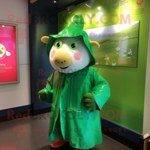Green Beef Wellington mascot costume character dressed with a Raincoat and Headbands