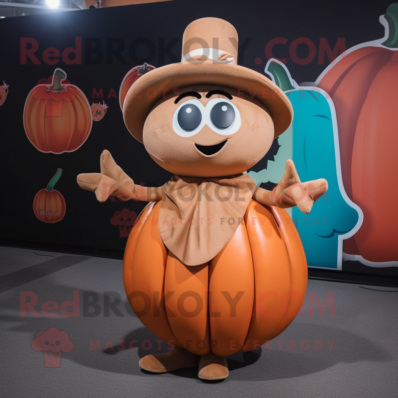 Tan Pumpkin mascot costume character dressed with a Mini Dress and Hat pins