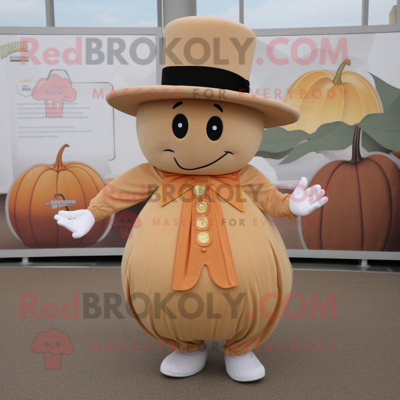 Tan Pumpkin mascot costume character dressed with a Mini Dress and Hat pins