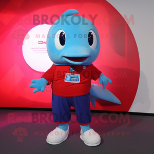 Red Blue Whale mascot costume character dressed with a V-Neck Tee and Smartwatches